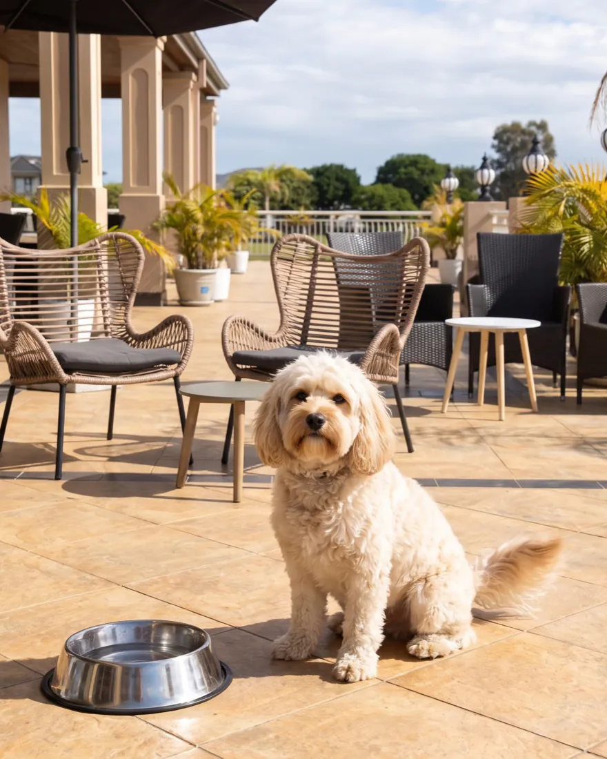 A small cream dog sitting on the clubhouse deck beside a fresh water bowl, with the fairway behind