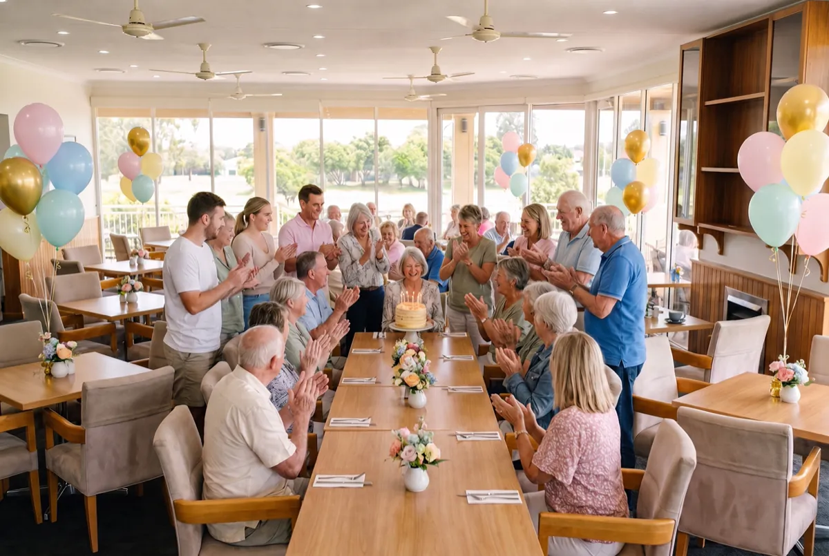 A birthday party filling the clubhouse dining room, guests gathered around a long table with a lit cake, balloons through the room and the golf course through the glass