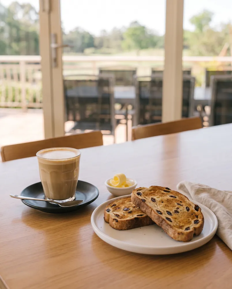 A latte in a ribbed glass beside two thick slices of raisin toast and a bowl of butter, on a table by the glass doors