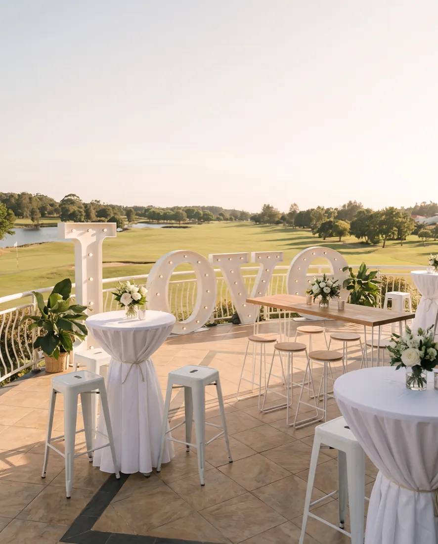 A wedding reception set up on the clubhouse deck at golden hour, above the fairway